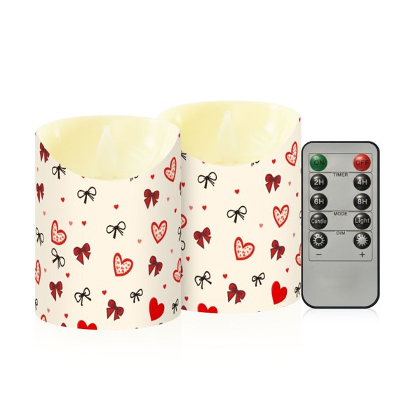 Hand Drawn Heart Pattern Flameless Candles 2 PCS with Remote Realistic Moving Flame LED Tapered Pillar Set for Home Decor