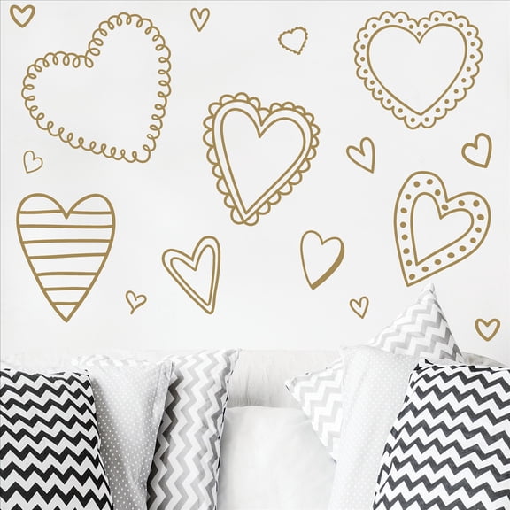 Hand Drawn Hearts Valentine’s Day Decals and Decor Vinyl Lettering Decal Stickers Self Adhesive - Sizes Range from 8"-22" - Qty: 14 - Color: Gold
