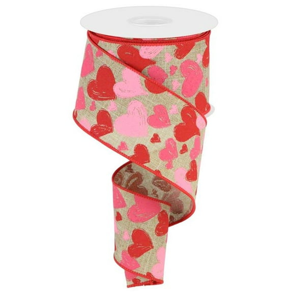 Hand Drawn Hearts on Canvas Wired Edge Ribbon, 10 Yards (2.5 Inch, Light Beige)