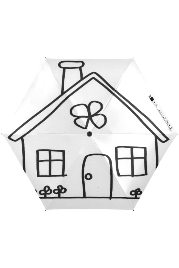 Hand Drawn House Umbrellas for Sun Auto Open Close UV50+ Waterproof 5-Fold Compact Fiberglass Frame