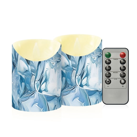 Hand Drawn Ice Cubes Summer Flickering Flameless Candles with Remote Timer Battery Operated LED Tealight Set of 2 M