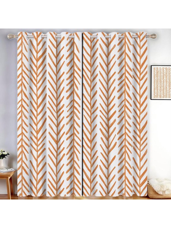 Hand Drawn Illustrations Blackout Curtains Herringbone Lines Thermal Eyelet Curtains Ring Top Terracotta Window Drapes For Living Room, Bedroom 38"W x 45"L (Pack of 2)