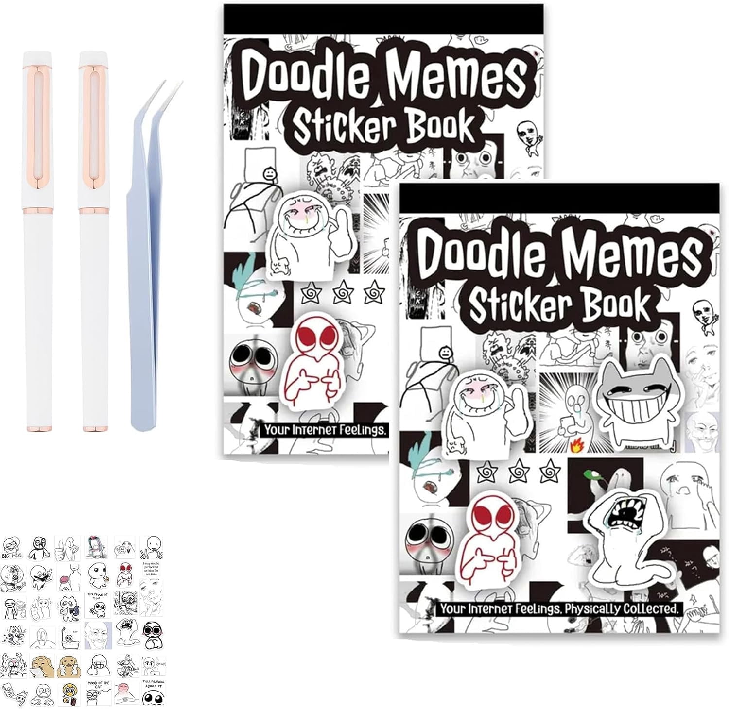 Hand-Drawn Internet Sticker Book – Waterproof Vinyl Decals for Journaling, Mood Expression, and Aesthetic Decor, No-Repeat Design