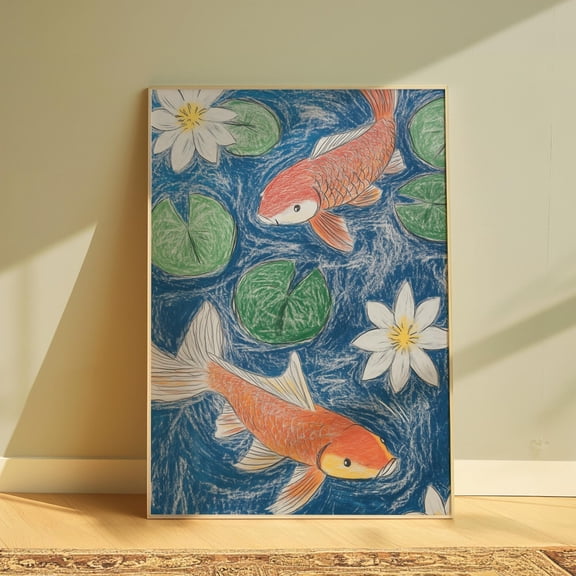 Hand Drawn Japanese Koi Vintage Wall Art, Unframed Paper Print Size 8x12