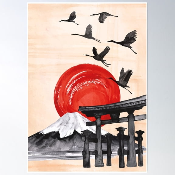 Hand Drawn Japanese Watercolor Painting Cranes Flying Japanese Landscape Poster Wall Art, Modern Wall Decor For Living Room Bedroom, 8x12 UNFRAMED