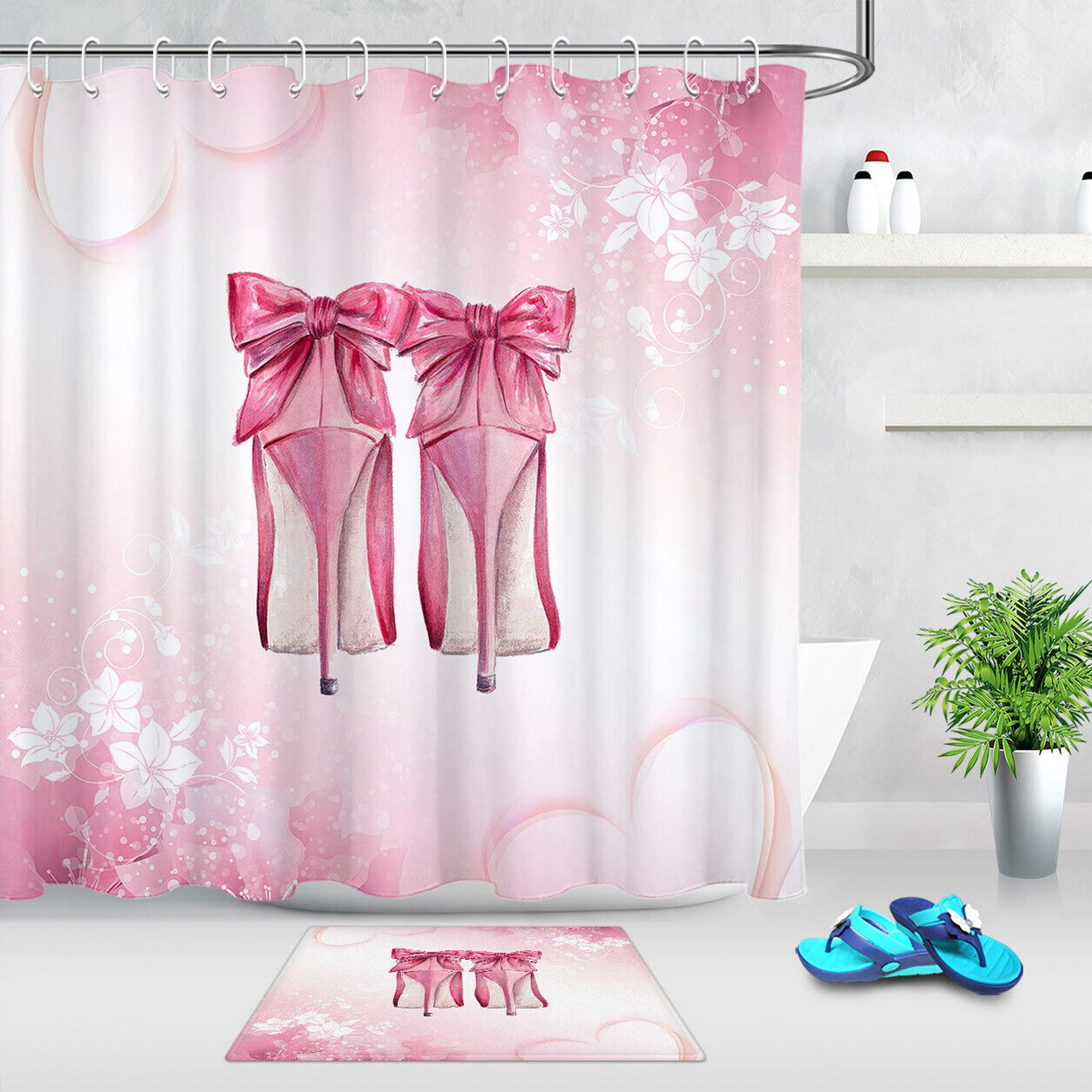 Hand Drawn Lady Pink High Heel Shoes Fabric Shower Curtain Set Bathroom ...