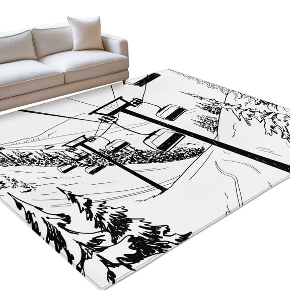Hand Drawn Landscape 6x9ft Non Slip Area Rug Cable Cars Mountain Forest Washable Soft Area Rugs for Living Room, Indoor Circle Carpet for Bedroom Dining Room Kitchen
