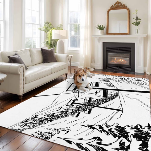 Hand Drawn Landscape Area Rugs 5x7 ft Cable Cars Mountain Forest Washable Rug Non Slip Indoor Carpet Absorbent Floor Mat for Living Room Bedroom Dining Room