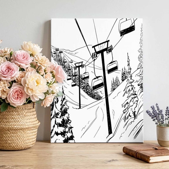 Hand Drawn Landscape Canvas Wall Art, Cable Cars Mountain Forest Framed Canvas Wall Decor Picture Print Artwork Decorations for Living Room Office Ready to Hang 10" x 8"