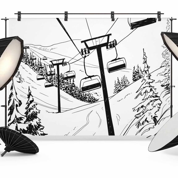 Hand Drawn Landscape Photography Backdrop 7x5FT, Cable Cars Mountain Forest Photo Backdrops, Background for Photography Studio Photo Studio Background, Back Drop for Photoshoot