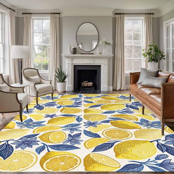 Hand Drawn Lemon Area Rugs 8'x10', Washable Small Throw Rugs for Living Room Patio, Blue Leaves Summer Tropical Botanical Indoor Outdoor Rug Non-Slip Low Pile Carpet Runner Reversible Floor Mats