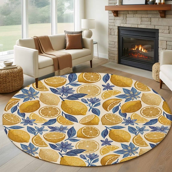 Hand Drawn Lemon Round Area Rug 5Ft Washable Circle Rugs for Living Room Bedroom, Blue Leaves Summer Botanical Retro Non-Slip Carpet Floor Mats Indoor Outdoor Carpet Runner Aesthetic Home Decor