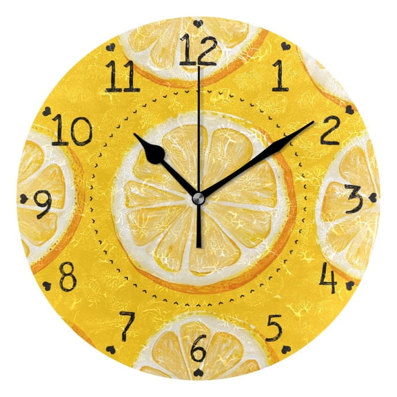 Hand Drawn Lemon Slices Round Wall Clock Silent Analog Battery Operated Black Pointer Home Decor 9.84" Diameter