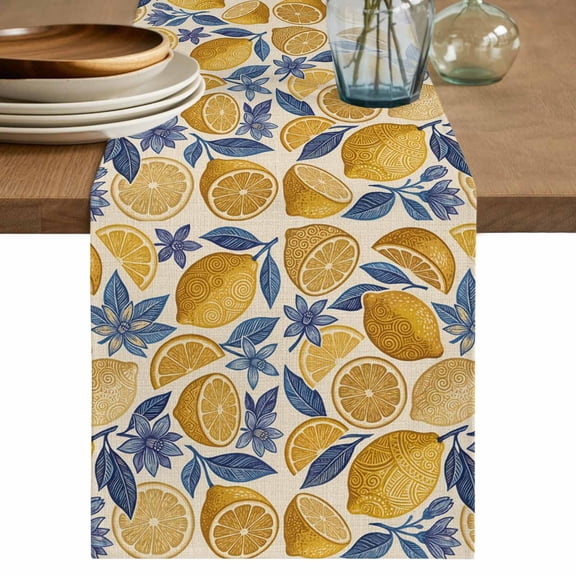 Hand Drawn Lemon Table Runner, Blue Leaves Summer Botanical Retro Washable Cotton Linen Table Runners 36 Inches Long, Dresser Scarf Runner for Nightstand/End Tables/Round Tables 13''x36''