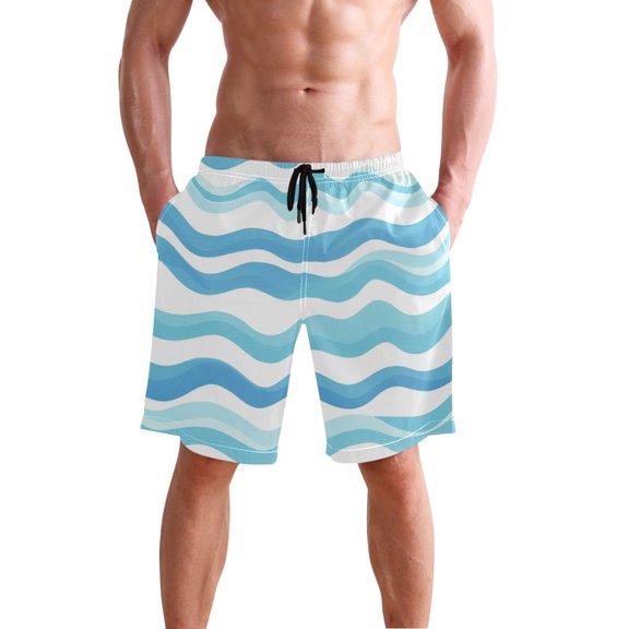 Hand Drawn Light Blue Wave Line Men's Swim Trunks Beach Shorts Bathing Bottoms M