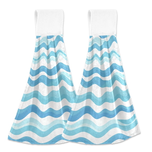 Hand Drawn Light Blue Wavy Line Hanging Towels with Loop Hand Towels Nylon Fastener Tape Design Dish Cloths 2 Pieces