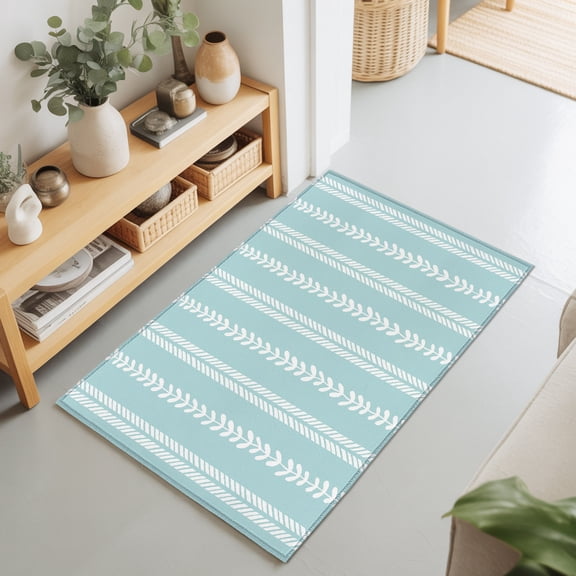 Hand-Drawn Lines 2'x3' Rug for Entryway Front Door Kitchen Sink Area, Modern Abstract White Leaf Lines Aqua Low Pile Washable Non Slip Rectangle Area Rug