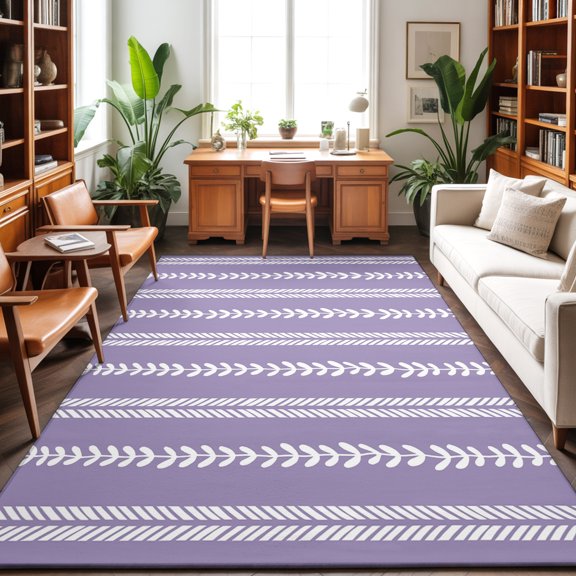 Hand-Drawn Lines 5'x7' Rug for Living Room Sofa and Coffee Table Layout, Modern Abstract White Leaf Lines Purple Washable Non Slip Rectangle Area Rug