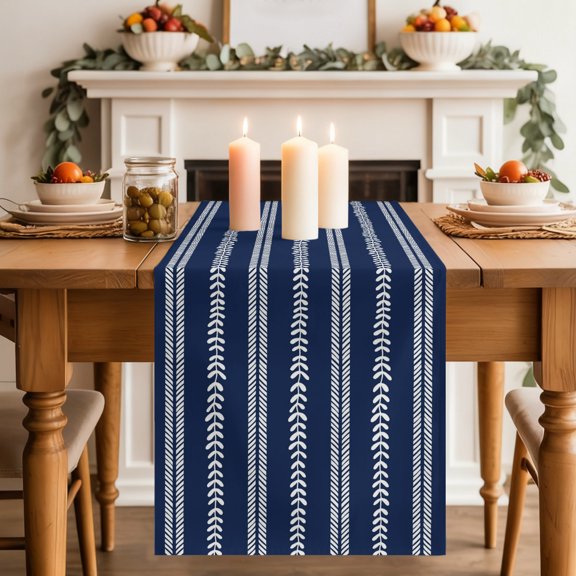 Hand-Drawn Lines Dining Table Runner, Modern Abstract White Leaf Lines Navy Blue Washable Table Runners Kitchen Coffee Table Center Decor for Home Party Holiday Wedding 13 x 36 Inches