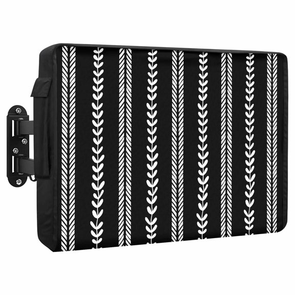 Hand-Drawn Lines Waterproof Outdoor TV Cover, Modern Abstract White Leaf Lines Black Outside Weatherproof TV Enclosures for 30 to 32 Inch LCD Television Shield Flat Screen Protectors