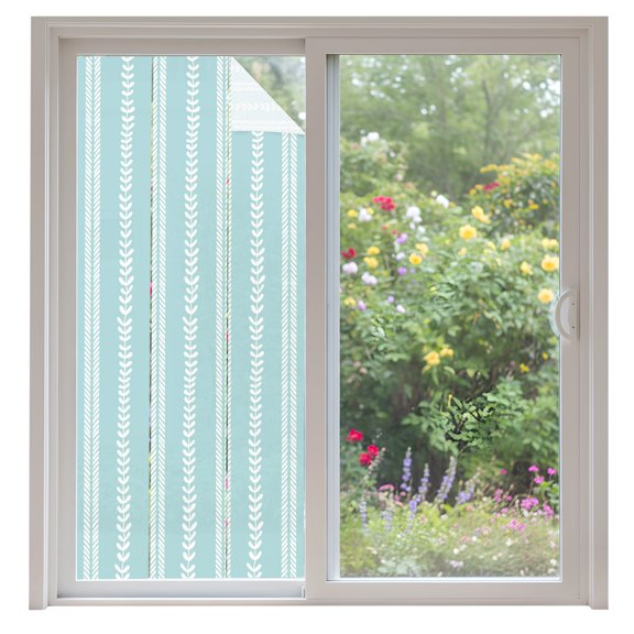 Hand-Drawn Lines Window Privacy Film Modern Abstract White Leaf Lines Aqua Decorative Glass Window Film UV Blocking Static Cling Non-Adhesive Sticker Covering for Home Door 35.4x78.7 inches