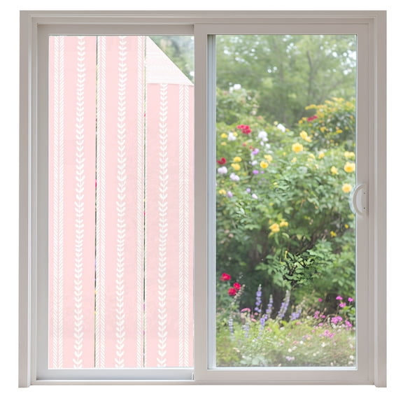 Hand-Drawn Lines Window Privacy Film Modern Abstract White Leaf Lines Pink Decorative Glass Window Film UV Blocking Static Cling Non-Adhesive Sticker Covering for Home Door 35.4x78.7 inches