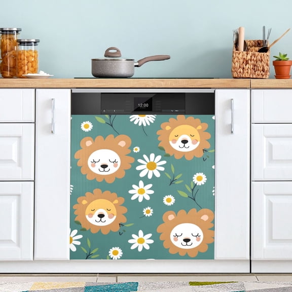 Hand Drawn Lion Face and Daisy Dishwasher Magnet Cover Magnetic Fridge Door Cover Home Kitchen Decor 23"x 26"