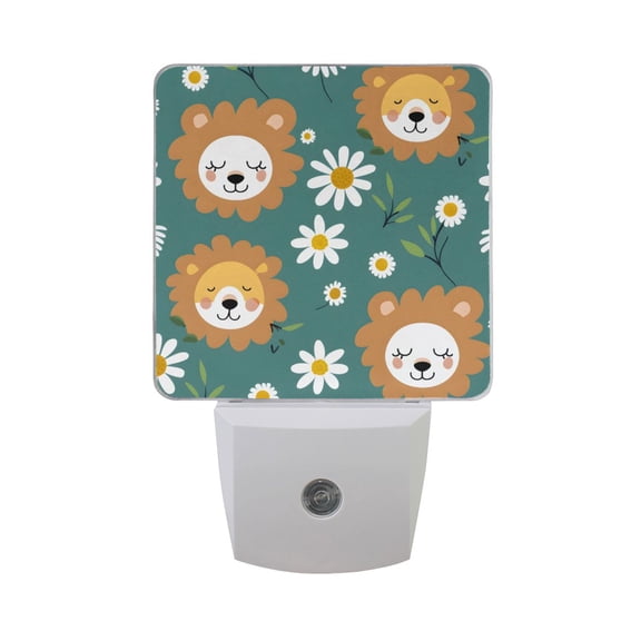 Hand Drawn Lion Face and Daisy Night Light 2 Pack LED Nightlight Plug into Wall Dusk to Dawn Sensor Soft White