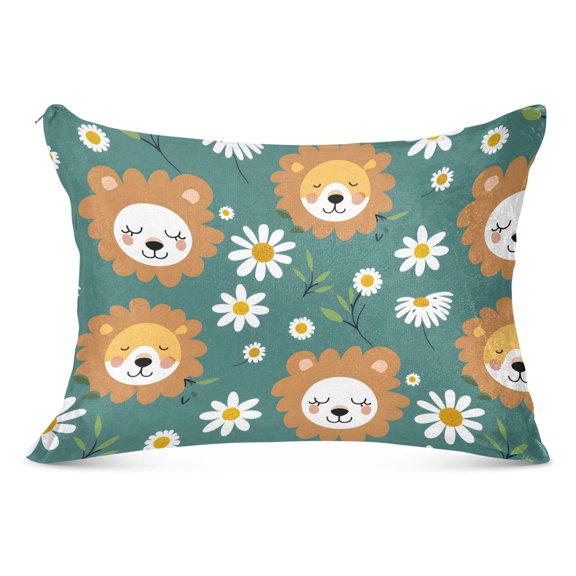 Hand Drawn Lion Face and Daisy Plush Pillow Cases Standard Size Ultra Soft Warm Pillowcases with Zipper 20"x26"