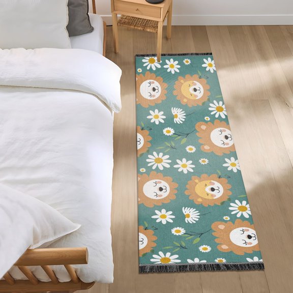 Hand Drawn Lion Face and Daisy Runner Area Rug 2x6 Soft Non-Slip Washable Bedside Carpet for Hallway Bedroom Living Room Home Decor