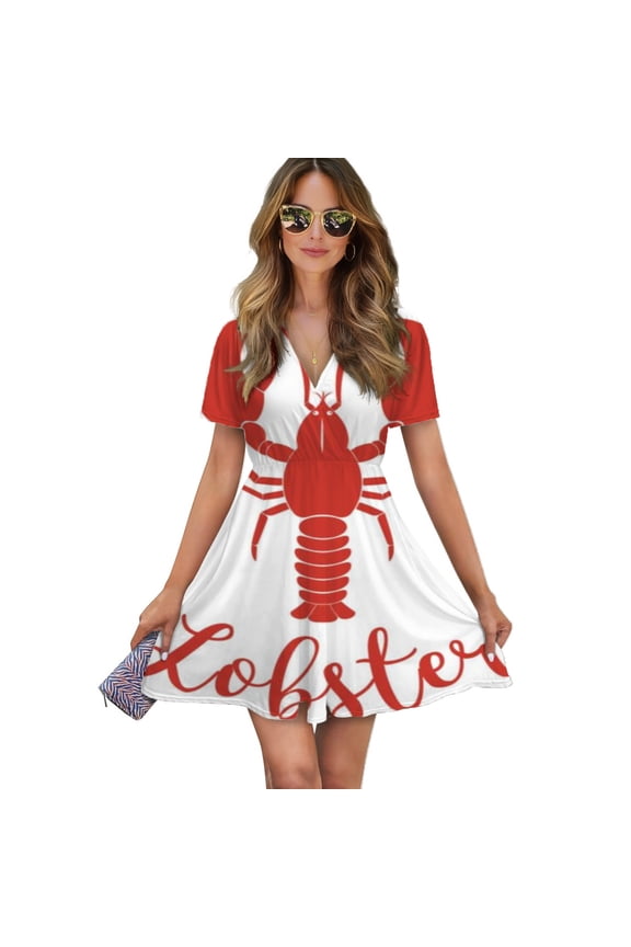 Hand Drawn Lobster Logo Women Dress V-Neck Short Sleeve Flowy Swing Party Midi Dress