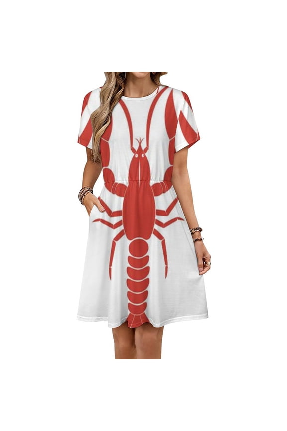 Hand Drawn Lobster Short Sleeve Dress Women Summer Evening Dresses Ladies Sundress