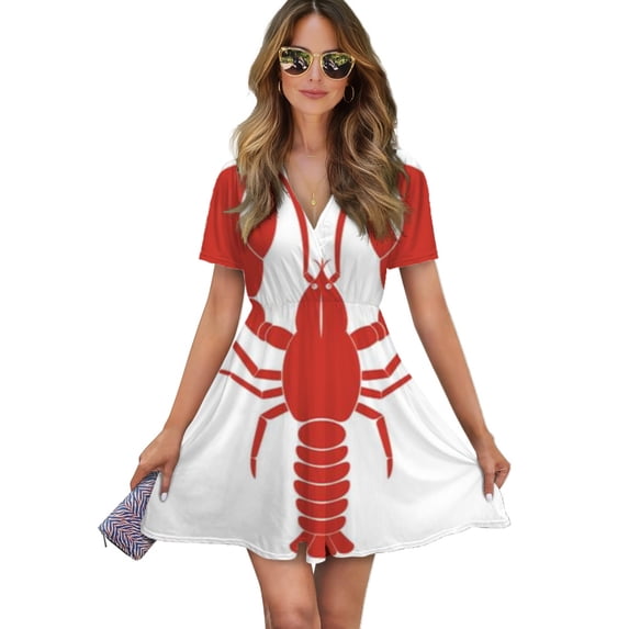 Hand Drawn Lobster Women Dress V-Neck Short Sleeve Flowy Swing Party Midi Dress