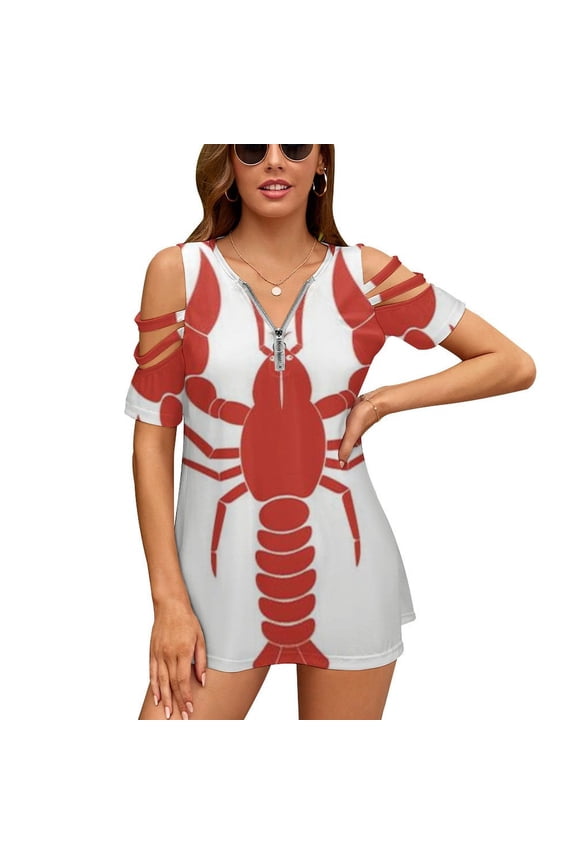 Hand Drawn Lobster Womens Summer V Neck Zipper Top Short Sleeve T Shirt Off Shoulder Top Casual Classy Loose Shirts