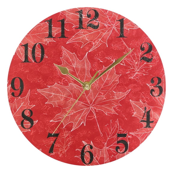 Hand Drawn Maple Leaves Round Wall Clock Battery Operated Silent Non-Ticking Bedroom Office Kitchen Home School Decor 10"(Gold)