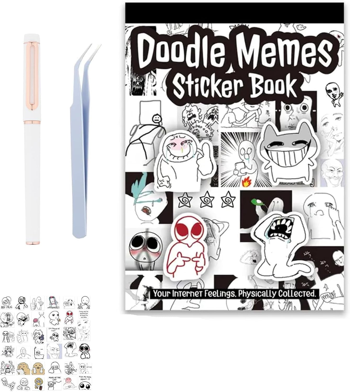 Hand-Drawn Meme Sticker Book, Internet Culture Decals for Journaling, Express Your Mood with Waterproof Vinyl Stickers, Youth Aesthetic, No Repeat Designs