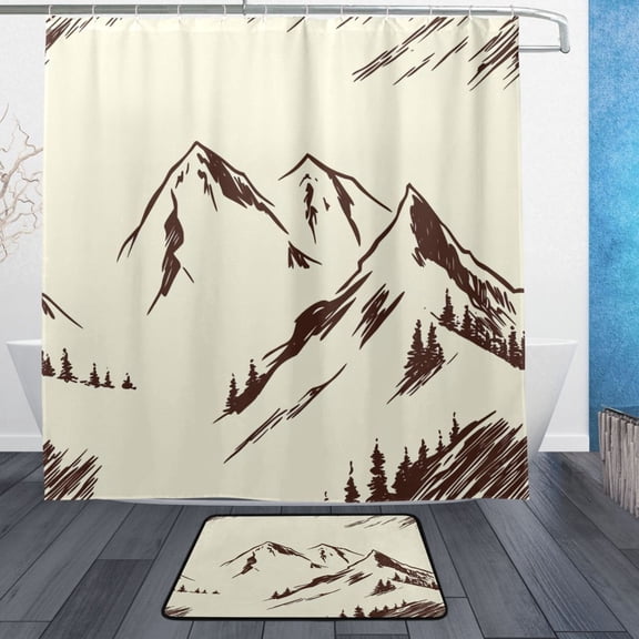 Hand Drawn Mountain Landscape Bathroom Accessory Sets Waterproof Shower Curtain with Anti-Slip Bath Mat Durable Combo
