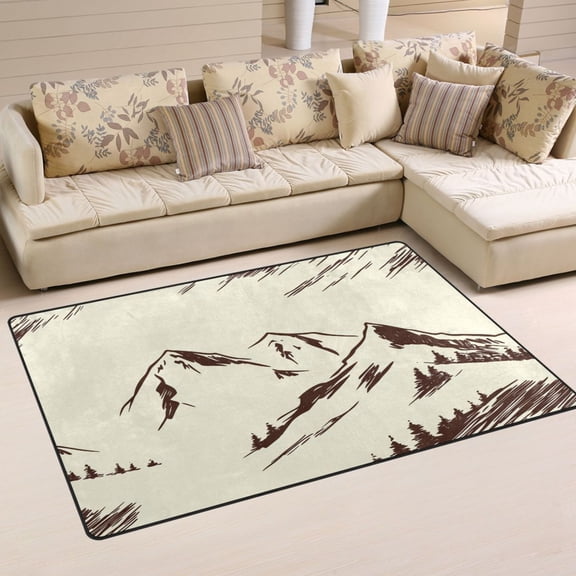 Hand Drawn Mountain Landscape Soft Polyester Area Rug 31''x20'', Non Slip, Memory Foam, Water Absorbent