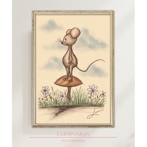 Hand Drawn Mouse Nursery Art Print, Unframed Paper Poster 8x10in
