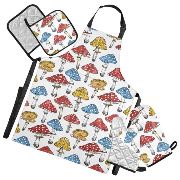 Hand Drawn Mushrooms 5 Pcs Kitchen Set Heat Resistant Oven Mitts and Non-Slip Pot Holders with Adjustable Cooking Apron