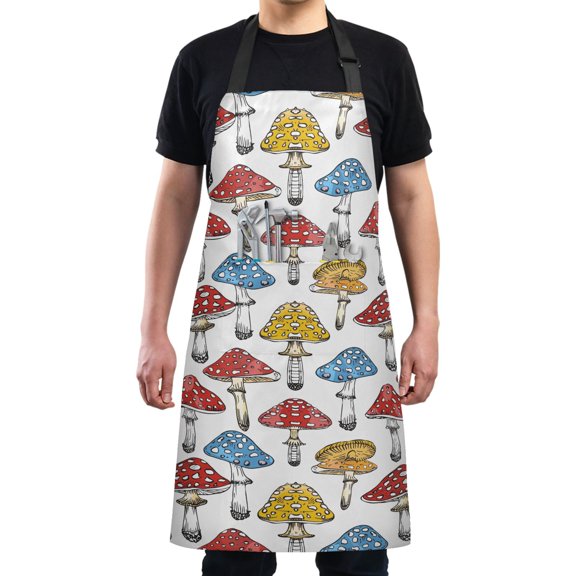 Hand Drawn Mushrooms Kitchen Apron with 2 Pockets Adjustable waterproof Cooking Aprons for Women Men Chef