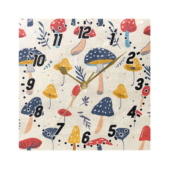 Hand Drawn Mushrooms Wall Clock Battery Operated Silent Non-Ticking Bedroom Office Kitchen Home School Decor 7.8"(Gold)