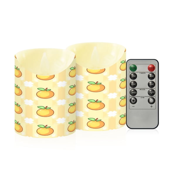 Hand Drawn Orange Pattern Flameless Candles 2 PCS with Remote Realistic Moving Flame LED Tapered Pillar Set for Home Decor