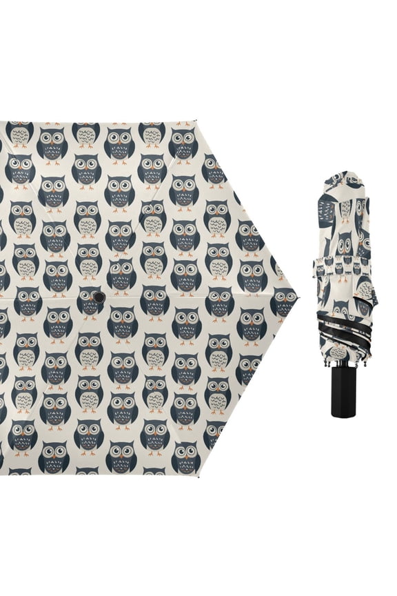 Hand Drawn Owls Compact Sun Umbrella Windproof Travel Umbrellas for Rain Strong Portable UV Protection