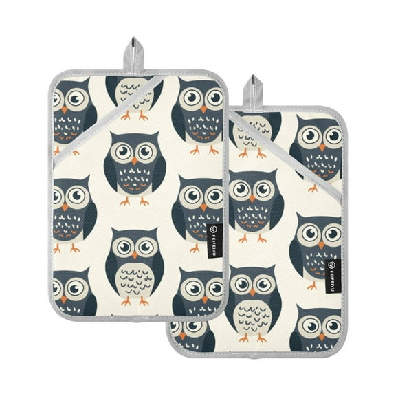 Hand Drawn Owls Oven Mitts 2 Pcs Pot Holders Sets Heat Resistant for Kitchen Cooking Baking 7"x9.8"