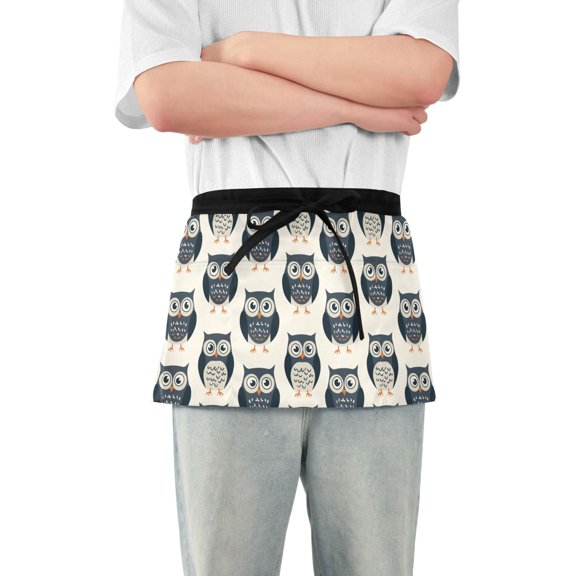 Hand Drawn Owls Server Apron with 3 Pockets Waterproof Waitress Waist Short Apron for Man Woman 12 Inches