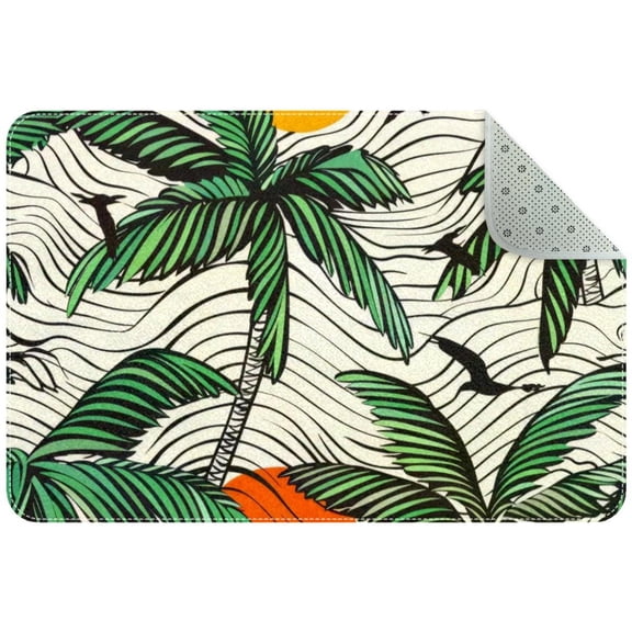 Hand Drawn Palm Trees Ocean Waves Pattern Small Area Rug, Non-Slip Door Mat Indoor Floor Mat, Washable Kitchen Rug Entrance DMat for Bedroom Living Room