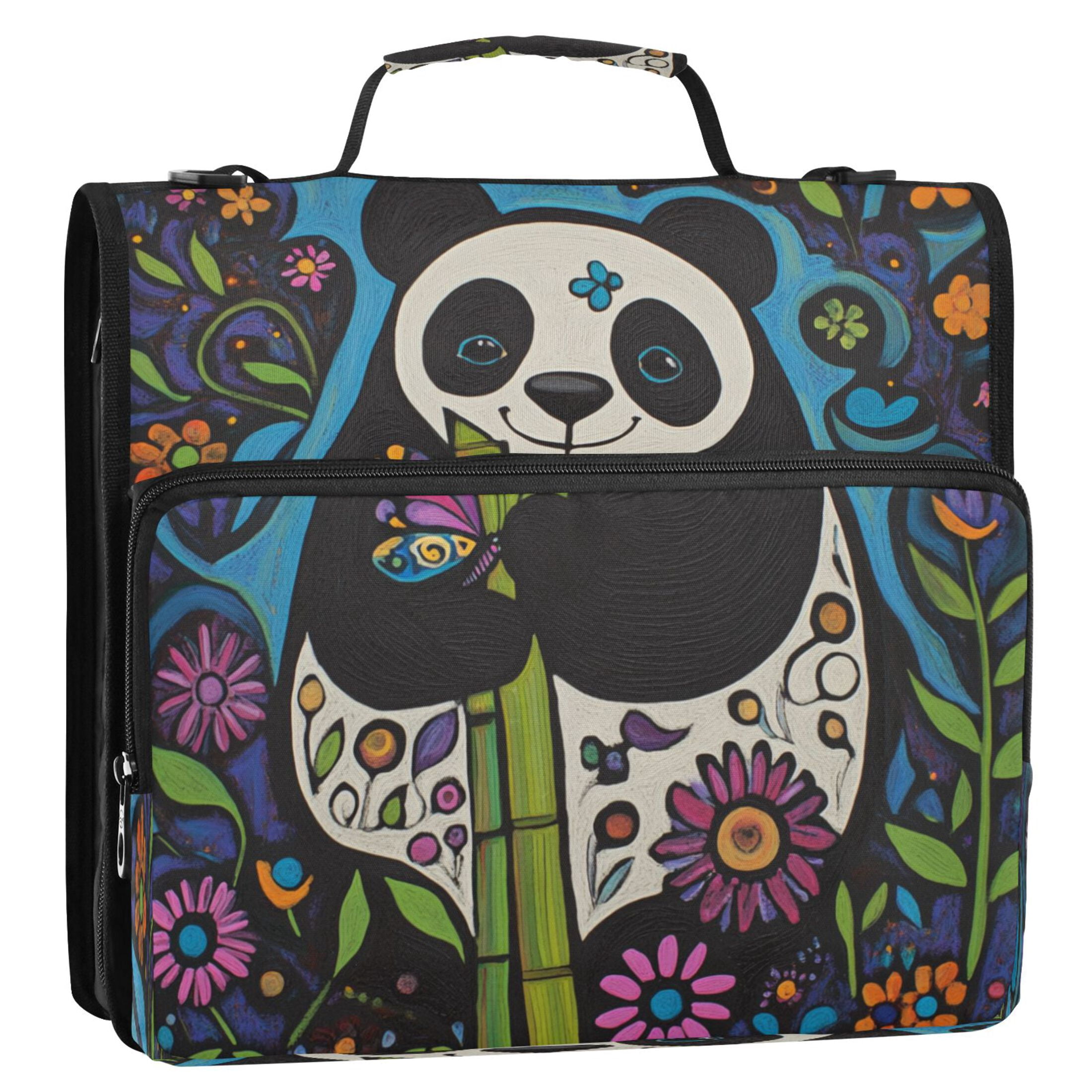 Hand Drawn Panda Stripes Lines Zipper Binder Bag 3 Ring Binder Bag,Large Capacity Durable Binder Organizer Bag