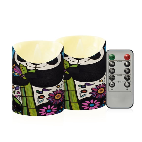 Hand Drawn Panda Flameless Candles 2 PCS with Remote Realistic Moving Flame LED Tapered Pillar Set for Home Decor