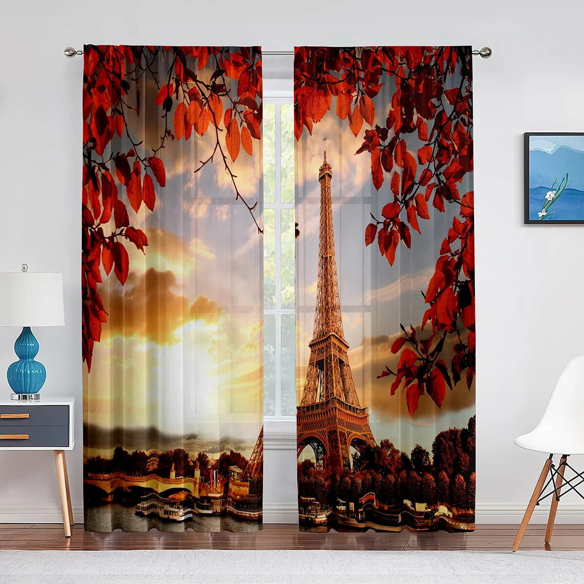 Hand Drawn Paris Eiffel Tower Chiffon Tulle Curtains for Living Room